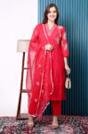 Pink Raman Cotton Pant Suit with Organza Dupatta